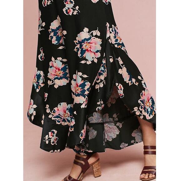 Anthropologie Elevenses Black Satin Floral Tansy Ruffled Wide Leg Slit Pants - Picture 2 of 12